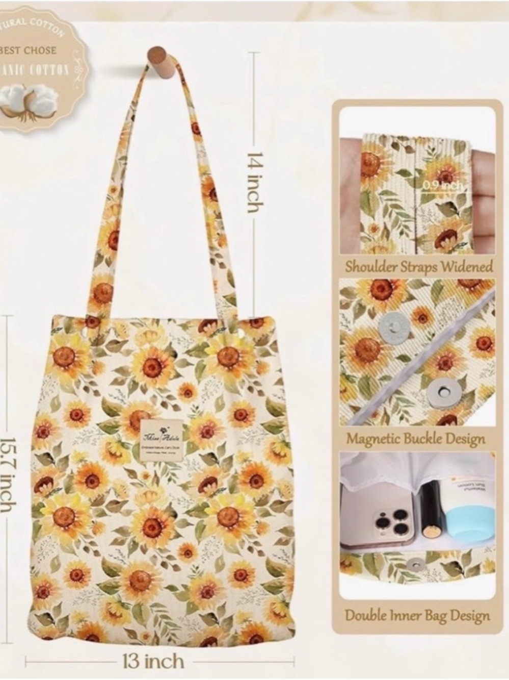 Sunflower Print Cream Tote Bag with Small Pouch - Picture 5 of 5